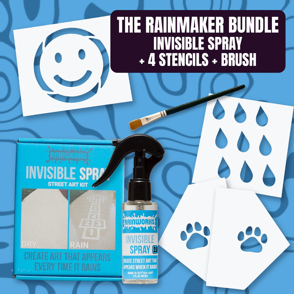 What's inside the Rainmaker Bundle: Invisible Spray, 4 stencils and a brush